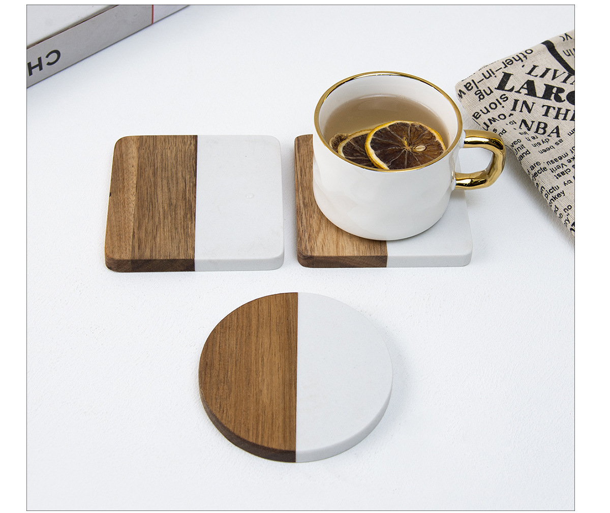 10cm Round Marble and Acacia Wood Coaster – Customizable Modern Drink Mat